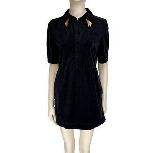 IDANO French Dark Academia Goth Black Velvet Dress Wolf! Embroidered Collar sz 1